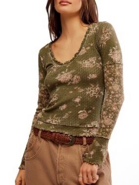 We The Free Olive Floral Ribbed Long Sleeve Top with Pink Accents